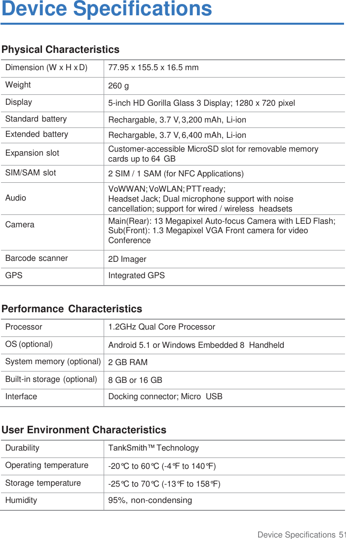 Device Specifications 51  Device Specifications  Physical Characteristics  Dimension (W x H x D) 77.95 x 155.5 x 16.5 mm Weight 260 g Display 5-inch HD Gorilla Glass 3 Display; 1280 x 720 pixel Standard battery Rechargable, 3.7 V, 3,200 mAh, Li-ion Extended battery Rechargable, 3.7 V, 6,400 mAh, Li-ion Expansion slot Customer-accessible MicroSD slot for removable memory cards up to 64 GB SIM/SAM slot 2 SIM / 1 SAM (for NFC Applications)  Audio VoWWAN; VoWLAN; PTT ready; Headset Jack; Dual microphone support with noise cancellation; support for wired / wireless  headsets Camera Main(Rear): 13 Megapixel Auto-focus Camera with LED Flash; Sub(Front): 1.3 Megapixel VGA Front camera for video Conference Barcode scanner 2D Imager GPS Integrated GPS  Performance Characteristics  Processor 1.2GHz Qual Core Processor OS (optional) Android 5.1 or Windows Embedded 8  Handheld System memory (optional) 2 GB RAM Built-in storage (optional) 8 GB or 16 GB Interface Docking connector; Micro  USB  User Environment Characteristics  Durability TankSmith™ Technology Operating temperature -20°C to 60°C (-4°F to 140°F) Storage temperature -25°C to 70°C (-13°F to 158°F) Humidity 95%, non-condensing     