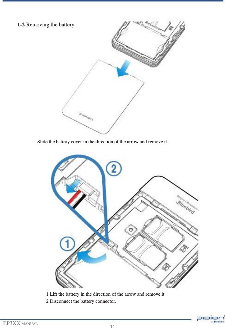          1-2 Removing the battery                  Slide the battery cover in the direction of the arrow and remove it.                        1 Lift the battery in the direction of the arrow and remove it. 2 Disconnect the battery connector.   EP3XX MANUAL    14