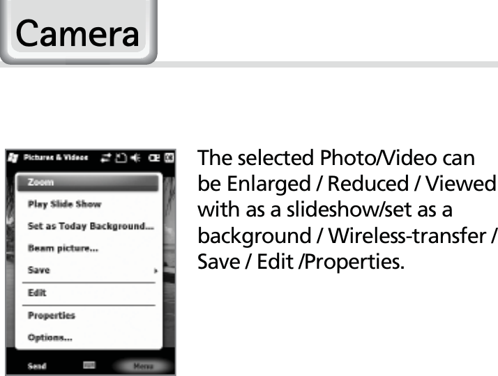 44HM50 ManualThe selected Photo/Video can be Enlarged / Reduced / Viewed with as a slideshow/set as a background / Wireless-transfer / Save / Edit /Properties.&amp;DPHUD
