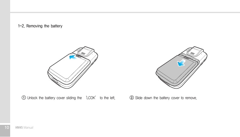 10HM45 Manual1  Unlock the battery cover sliding the ‘LCOK’ to the left.2 Slide down the battery cover to remove.1-2. Removing the battery