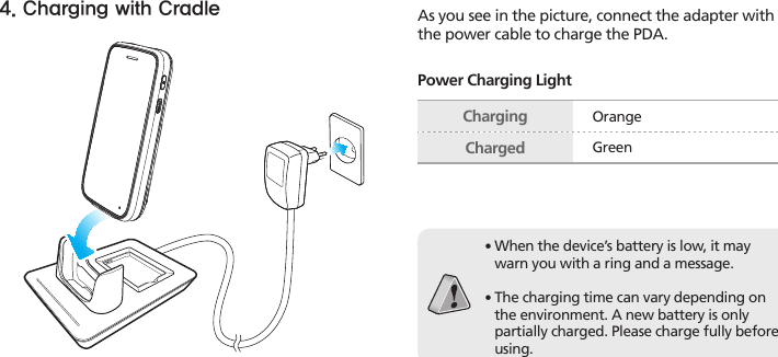 16HM45 Manual4. Charging with Cradle As you see in the picture, connect the adapter with the power cable to charge the PDA.Power Charging LightCharging OrangeCharged Green∙ When the device’s battery is low, it may warn you with a ring and a message.∙ The charging time can vary depending on the environment. A new battery is only partially charged. Please charge fully before using.