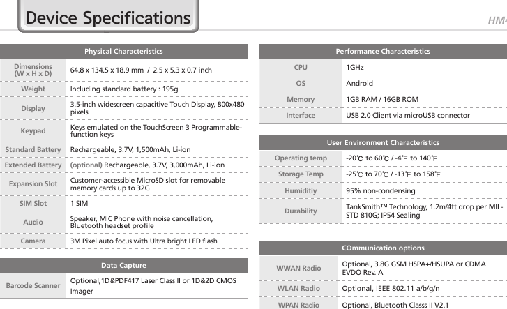 HM4527Physical CharacteristicsDimensions(W x H x D) 64.8 x 134.5 x 18.9 mm  /  2.5 x 5.3 x 0.7 inchWeight Including standard battery : 195gDisplay 3.5-inch widescreen capacitive Touch Display, 800x480 pixelsKeypad  Keys emulated on the TouchScreen 3 Programmable-function keysStandard Battery  Rechargeable, 3.7V, 1,500mAh, Li-ion Extended Battery  (optional) Rechargeable, 3.7V, 3,000mAh, Li-ion Expansion Slot Customer-accessible MicroSD slot for removable memory cards up to 32GSIM Slot 1 SIMAudio Speaker, MIC Phone with noise cancellation, Bluetooth headset profileCamera3M Pixel auto focus with Ultra bright LED flashPerformance CharacteristicsCPU 1GHzOS  AndroidMemory 1GB RAM / 16GB ROMInterface USB 2.0 Client via microUSB connectorUser Environment CharacteristicsOperating temp -20℃ to 60℃ / -4℉ to 140℉Storage Temp -25℃ to 70℃ / -13℉ to 158℉Humiditiy 95% non-condensingDurability TankSmith™ Technology, 1.2m/4ft drop per MIL-STD 810G; IP54 SealingData CaptureBarcode Scanner  Optional,1D&amp;PDF417 Laser Class II or 1D&amp;2D CMOS ImagerCOmmunication optionsWWAN Radio Optional, 3.8G GSM HSPA+/HSUPA or CDMA EVDO Rev. AWLAN Radio Optional, IEEE 802.11 a/b/g/nWPAN Radio Optional, Bluetooth Classs II V2.1Device Specifications