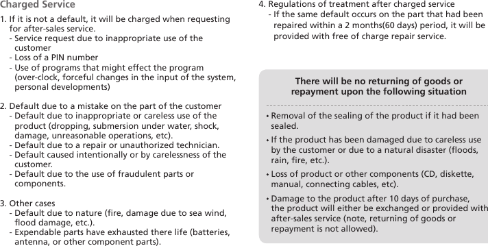 30HM45 ManualCharged Service1.  If it is not a default, it will be charged when requesting for after-sales service.    -  Service request due to inappropriate use of the customer    - Loss of a PIN number    -  Use of programs that might effect the program (over-clock, forceful changes in the input of the system, personal developments)2. Default due to a mistake on the part of the customer    -  Default due to inappropriate or careless use of the product (dropping, submersion under water, shock, damage, unreasonable operations, etc).    -  Default due to a repair or unauthorized technician.    -  Default caused intentionally or by carelessness of the customer.    -  Default due to the use of fraudulent parts or components.3. Other cases    -  Default due to nature (fire, damage due to sea wind, flood damage, etc.).    -  Expendable parts have exhausted there life (batteries, antenna, or other component parts).4. Regulations of treatment after charged service    -  If the same default occurs on the part that had been repaired within a 2 months(60 days) period, it will be provided with free of charge repair service.There will be no returning of goods orrepayment upon the following situation  Removal of the sealing of the product if it had been sealed.  If the product has been damaged due to careless use by the customer or due to a natural disaster (floods, rain, fire, etc.).  Loss of product or other components (CD, diskette, manual, connecting cables, etc).  Damage to the product after 10 days of purchase, the product will either be exchanged or provided with after-sales service (note, returning of goods or repayment is not allowed).