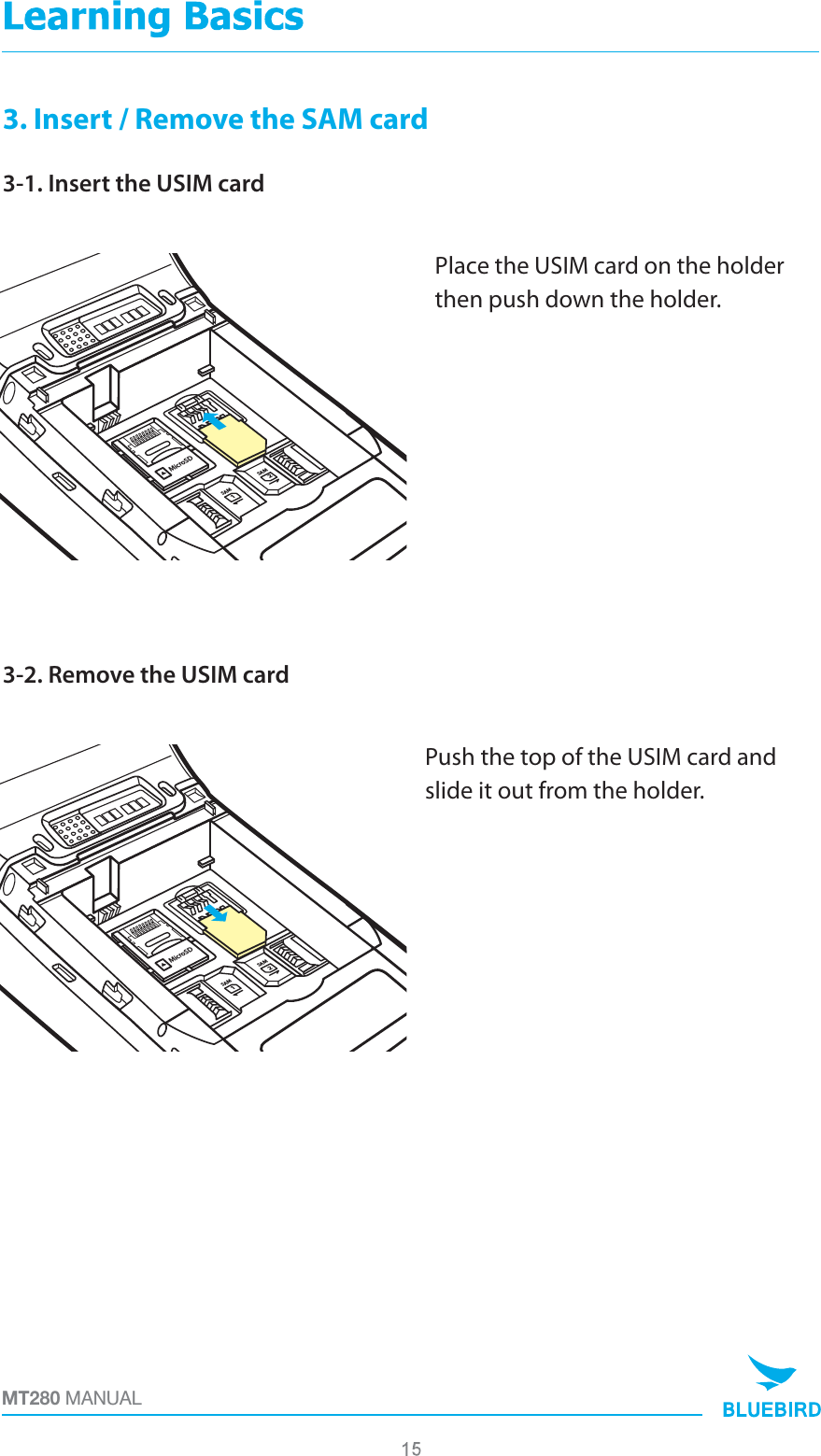 3. Insert / Remove the SAM cardMT280 MANUALPlace the USIM card on the holder then push down the holder.3-1. Insert the USIM cardPush the top of the USIM card and slide it out from the holder.3-2. Remove the USIM cardMicroSD2SAM1SAMSIMMicroSD2SAM1SAMSIM