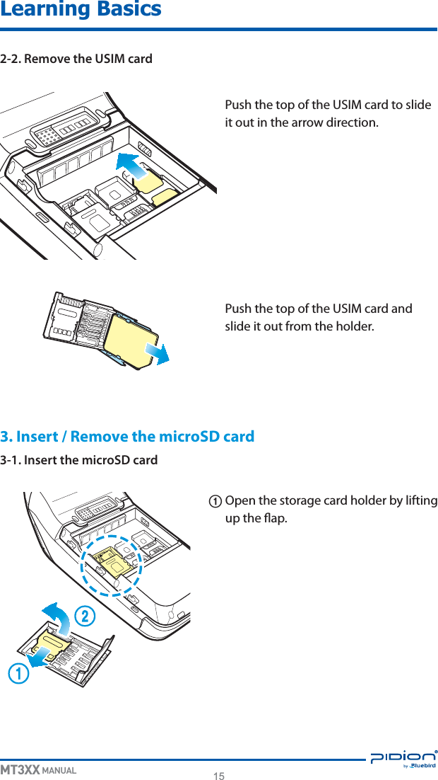 15MT3XX MANUALLearning Basics2-2. Remove the USIM card3. Insert / Remove the microSD card3-1. Insert the microSD card10QFOUIFTUPSBHFDBSEIPMEFSCZMJGUJOHVQUIFøBQ1VTIUIFUPQPGUIF64*.DBSEBOETMJEFJUPVUGSPNUIFIPMEFS1VTIUIFUPQPGUIF64*.DBSEUPTMJEFJUPVUJOUIFBSSPXEJSFDUJPO