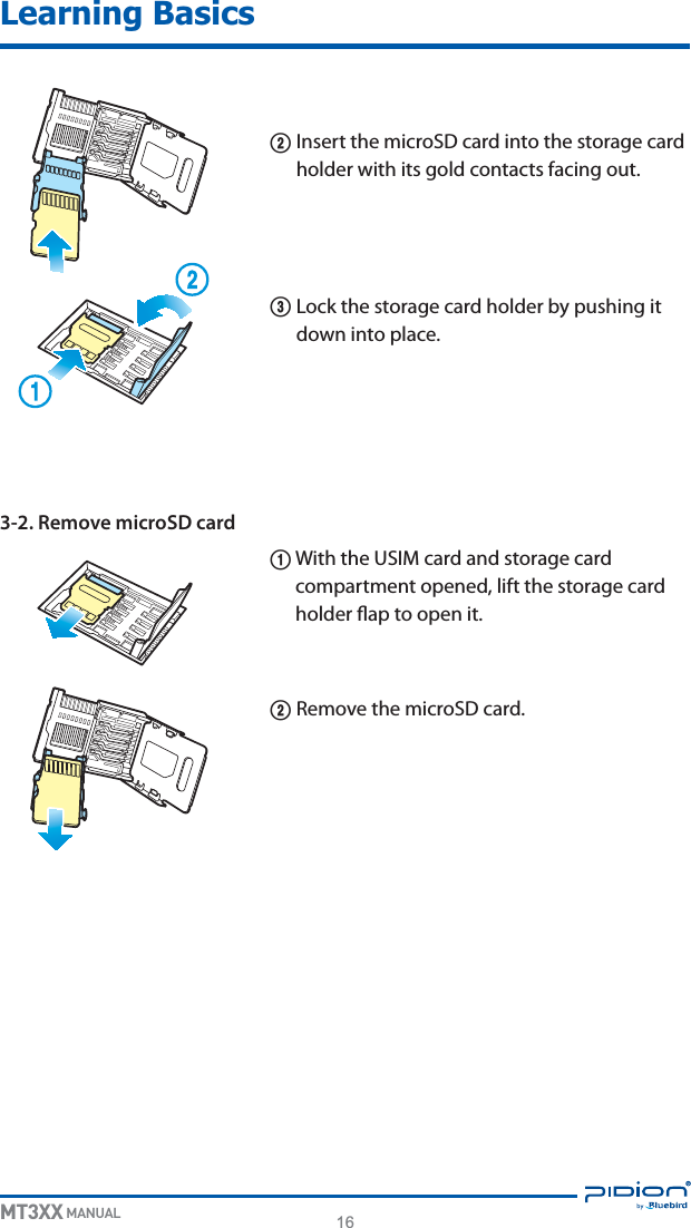 16MT3XX MANUALLearning Basics2 * OTFSUUIFNJDSP4%DBSEJOUPUIFTUPSBHFDBSEIPMEFSXJUIJUTHPMEDPOUBDUTGBDJOHPVU3-PDLUIFTUPSBHFDBSEIPMEFSCZQVTIJOHJUEPXOJOUPQMBDF3-2. Remove microSD card18JUIUIF64*.DBSEBOETUPSBHFDBSEDPNQBSUNFOUPQFOFEMJGUUIFTUPSBHFDBSEIPMEFSøBQUPPQFOJU23FNPWFUIFNJDSP4%DBSE
