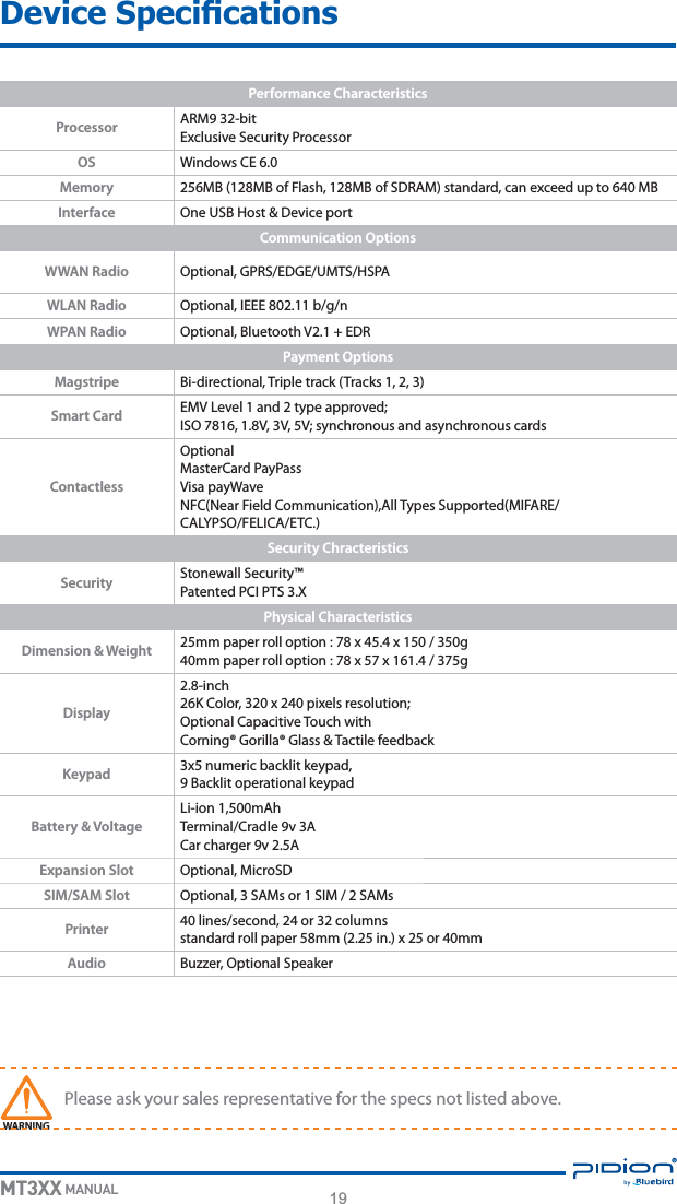 19MT3XX MANUALWARNING1MFBTFBTLZPVSTBMFTSFQSFTFOUBUJWFGPSUIFTQFDTOPUMJTUFEBCPWFPerformance CharacteristicsProcessor &quot;3.CJU&amp;YDMVTJWF4FDVSJUZ1SPDFTTPSOS 8JOEPXT$&amp;Memory .#.#PG&apos;MBTI.#PG4%3&quot;.TUBOEBSEDBOFYDFFEVQUP.#Interface 0OF64#)PTU%FWJDFQPSUCommunication OptionsWWAN Radio 0QUJPOBM(134&amp;%(&amp;6.54)41&quot;WLAN Radio 0QUJPOBM*&amp;&amp;&amp;CHOWPAN Radio 0QUJPOBM#MVFUPPUI7&amp;%3Payment OptionsMagstripe #JEJSFDUJPOBM5SJQMFUSBDL5SBDLTSmart Card &amp;.7-FWFMBOEUZQFBQQSPWFE*40777TZODISPOPVTBOEBTZODISPOPVTDBSETContactless0 QUJPOBM.BTUFS$BSE1BZ1BTT7JTBQBZ8BWF/&apos;$/FBS&apos;JFME$PNNVOJDBUJPO&quot;MM5ZQFT4VQQPSUFE.*&apos;&quot;3&amp;$&quot;-:140&apos;&amp;-*$&quot;&amp;5$Security ChracteristicsSecurity 4UPOFXBMM4FDVSJUZ1BUFOUFE1$*1549Physical CharacteristicsDimension &amp; Weight NNQBQFSSPMMPQUJPOYYHNNQBQFSSPMMPQUJPOYYHDisplayJODI,$PMPSYQJYFMTSFTPMVUJPO0QUJPOBM$BQBDJUJWF5PVDIXJUI$PSOJOH¥(PSJMMB¥(MBTT5BDUJMFGFFECBDLKeypad YOVNFSJDCBDLMJULFZQBE#BDLMJUPQFSBUJPOBMLFZQBEBattery &amp; Voltage-JJPON&quot;I5FSNJOBM$SBEMFW&quot;$BSDIBSHFSW&quot;Expansion Slot 0QUJPOBM.JDSP4%SIM/SAM Slot 0QUJPOBM4&quot;.TPS4*.4&quot;.TPrinter MJOFTTFDPOEPSDPMVNOTTUBOEBSESPMMQBQFSNNJOYPSNNAudio #V[[FS0QUJPOBM4QFBLFS