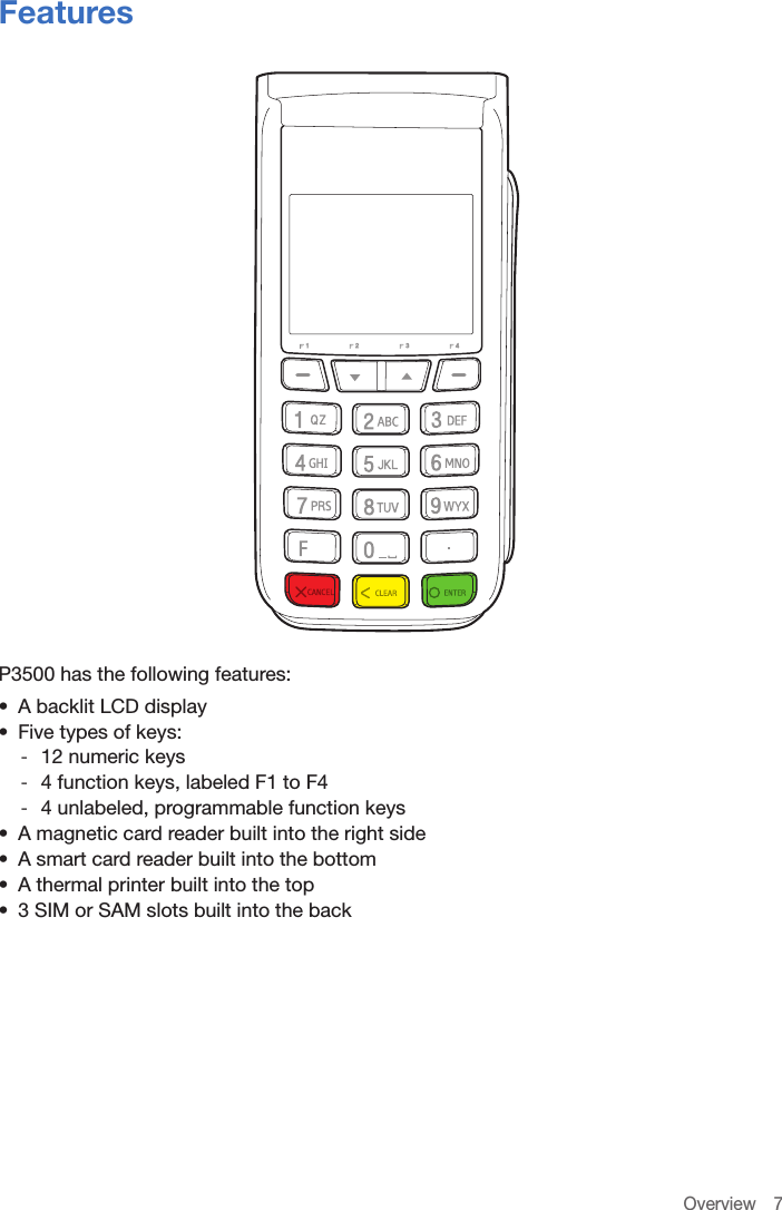 Overview 7Features   P3500 has the following features:•  A backlit LCD display•  Five types of keys: -12 numeric keys -4 function keys, labeled F1 to F4 -4 unlabeled, programmable function keys•  A magnetic card reader built into the right side•  A smart card reader built into the bottom•  A thermal printer built into the top•  3 SIM or SAM slots built into the back