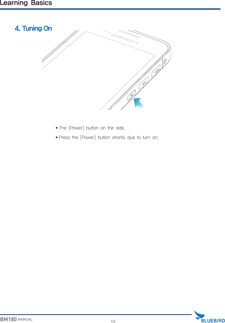 19BM180 MANUAL4. Tuning On∙The [Power] button on the side.∙Press the [Power] button shortly due to turn on. Learning Basics 