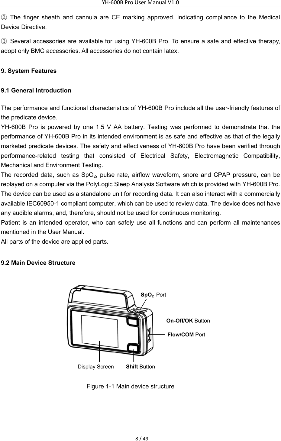 YH‐600BProUserManualV1.08/49② The finger sheath and cannula are CE marking approved, indicating compliance to the Medical Device Directive.   ③  Several accessories are available for using YH-600B Pro. To ensure a safe and effective therapy, adopt only BMC accessories. All accessories do not contain latex. 9. System Features 9.1 General Introduction The performance and functional characteristics of YH-600B Pro include all the user-friendly features of the predicate device.   YH-600B Pro is powered by one 1.5 V AA battery. Testing was performed to demonstrate that the performance of YH-600B Pro in its intended environment is as safe and effective as that of the legally marketed predicate devices. The safety and effectiveness of YH-600B Pro have been verified through performance-related testing that consisted of Electrical Safety, Electromagnetic Compatibility, Mechanical and Environment Testing.   The recorded data, such as SpO2, pulse rate, airflow waveform, snore and CPAP pressure, can be replayed on a computer via the PolyLogic Sleep Analysis Software which is provided with YH-600B Pro.   The device can be used as a standalone unit for recording data. It can also interact with a commercially available IEC60950-1 compliant computer, which can be used to review data. The device does not have any audible alarms, and, therefore, should not be used for continuous monitoring. Patient is an intended operator, who can safely use all functions and can perform all maintenances mentioned in the User Manual. All parts of the device are applied parts. 9.2 Main Device Structure   Display Screen Shift ButtonOn-Off/OK ButtonFlow/COM PortSpO2Port Figure 1-1 Main device structure     
