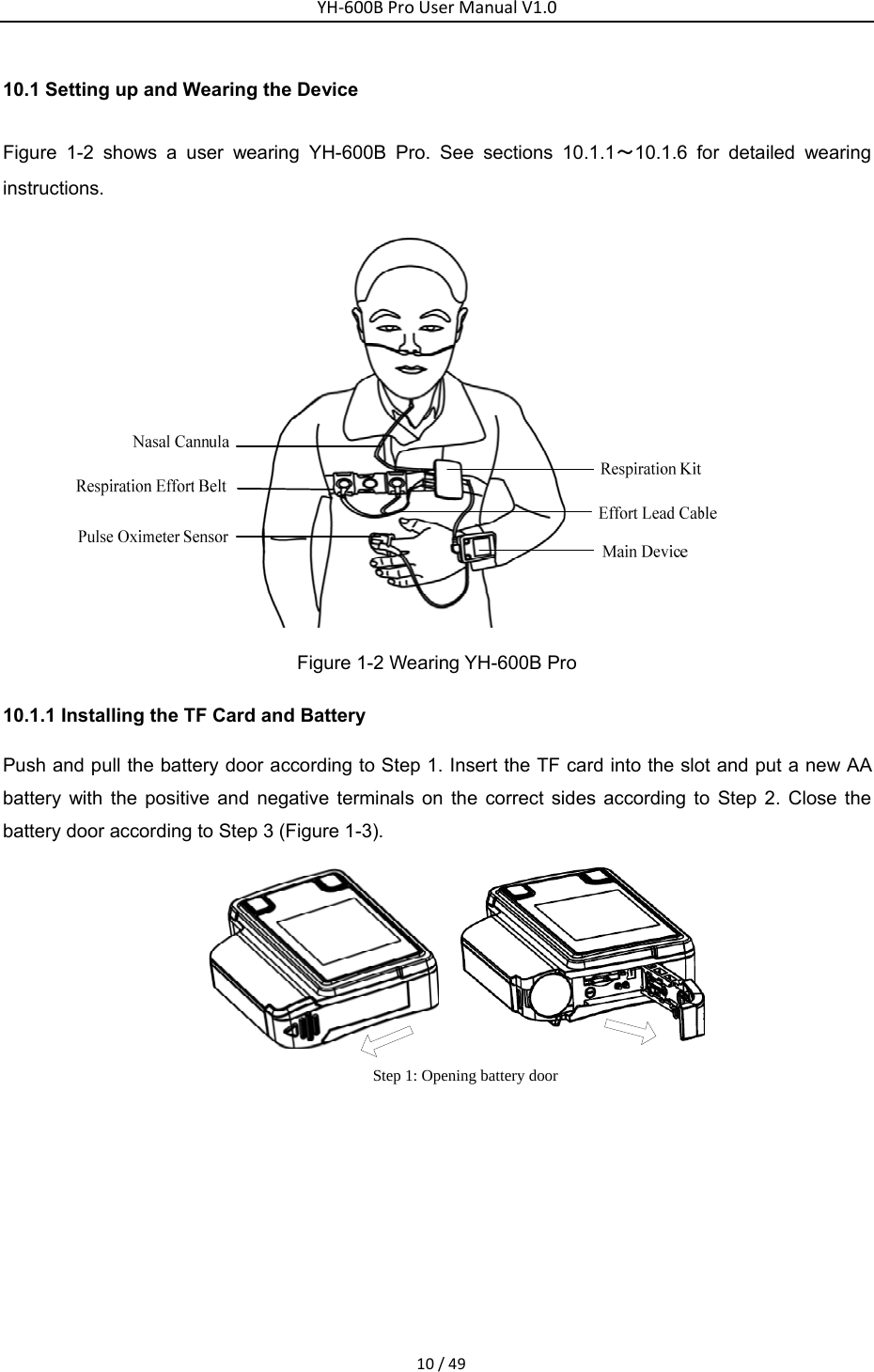 YH‐600BProUserManualV1.010/4910.1 Setting up and Wearing the Device   Figure 1-2 shows a user wearing YH-600B Pro. See sections 10.1.1～10.1.6 for detailed wearing instructions.   Figure 1-2 Wearing YH-600B Pro 10.1.1 Installing the TF Card and Battery   Push and pull the battery door according to Step 1. Insert the TF card into the slot and put a new AA battery with the positive and negative terminals on the correct sides according to Step 2. Close the battery door according to Step 3 (Figure 1-3).   Step 1: Opening battery door  