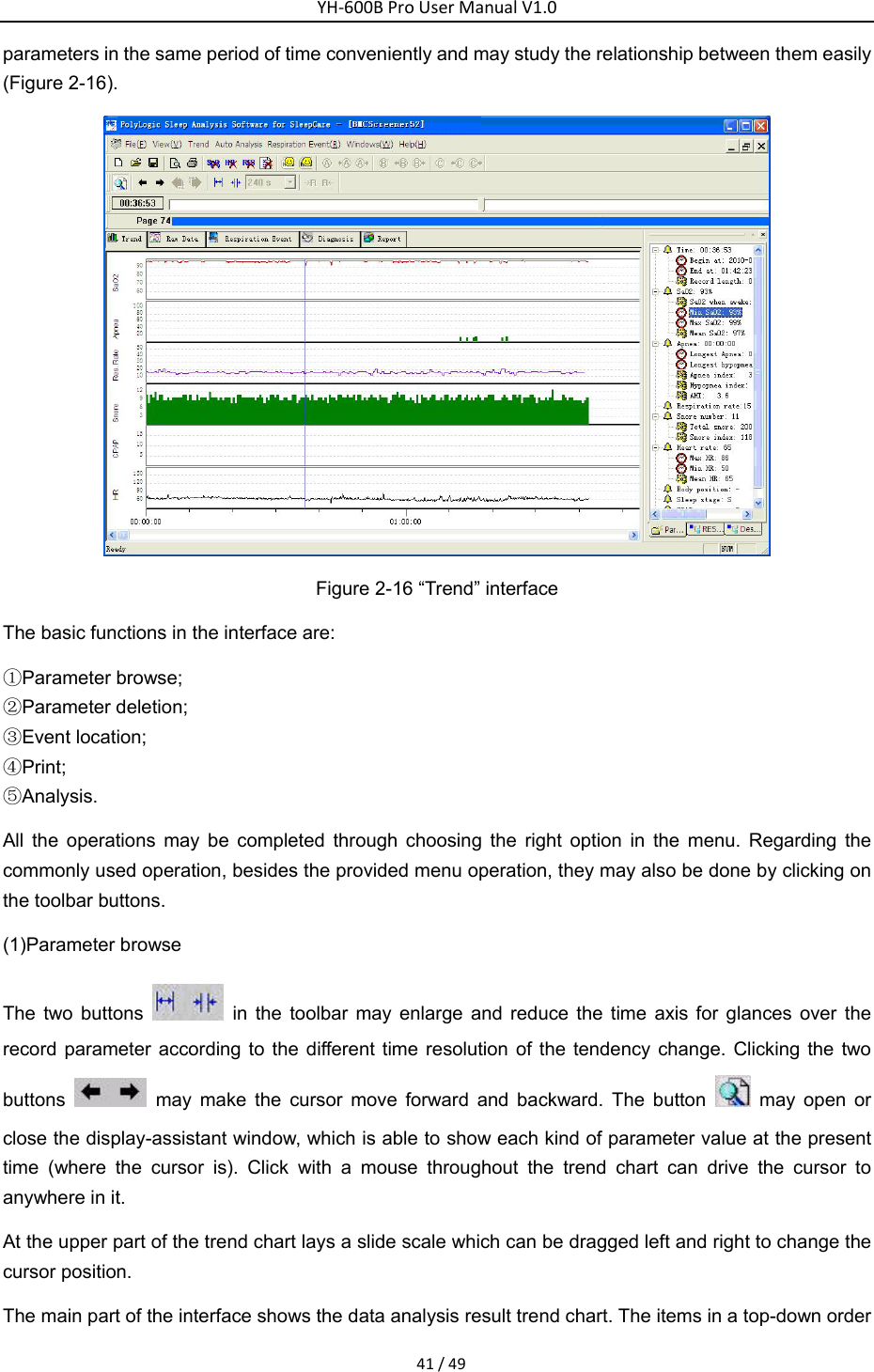 YH‐600BProUserManualV1.041/49parameters in the same period of time conveniently and may study the relationship between them easily (Figure 2-16).  Figure 2-16 &ldquo;Trend&rdquo; interface The basic functions in the interface are: ①Parameter browse; ②Parameter deletion; ③Event location; ④Print; ⑤Analysis. All the operations may be completed through choosing the right option in the menu. Regarding the commonly used operation, besides the provided menu operation, they may also be done by clicking on the toolbar buttons. (1)Parameter browse The two buttons   in the toolbar may enlarge and reduce the time axis for glances over the record parameter according to the different time resolution of the tendency change. Clicking the two buttons   may make the cursor move forward and backward. The button   may open or close the display-assistant window, which is able to show each kind of parameter value at the present time (where the cursor is). Click with a mouse throughout the trend chart can drive the cursor to anywhere in it. At the upper part of the trend chart lays a slide scale which can be dragged left and right to change the cursor position. The main part of the interface shows the data analysis result trend chart. The items in a top-down order 