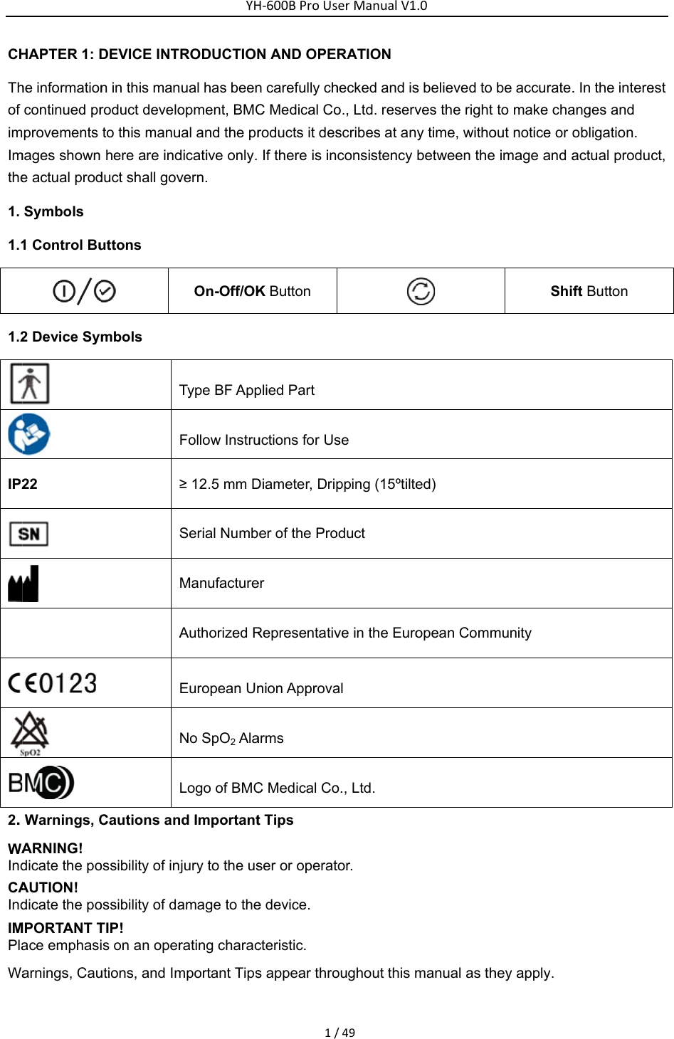 CHThof imImthe1. 1.11.2IP22. WAIndCAIndIMPlaWaHAPTER 1: Dhe informationcontinued prprovements mages showne actual prodSymbols 1 Control Bu2 Device Sym  22       Warnings, CARNING! dicate the poAUTION! dicate the poMPORTANT Tace emphasiarnings, CauDEVICE INTn in this manroduct develoto this manu here are indduct shall govuttons  mbols TACautions anossibility of injossibility of daTIP! is on an operutions, and ImYHRODUCTIONual has beenopment, BMCual and the prdicative only. vern.  On-Off/OKType BF AppFollow Instru&ge; 12.5 mm DSerial NumbManufactureAuthorized REuropean UnNo SpO2 AlaLogo of BMCnd Importantjury to the usamage to therating characmportant TipsH‐600BProUs1/N AND OPEn carefully chC Medical Coroducts it desIf there is inK Button plied Part uctions for UsDiameter, Driper of the Proer Representativnion Approvaarms  C Medical Cot Tips ser or operate device. cteristic. s appear throerManualV1/49RATION hecked and iso., Ltd. reservscribes at anconsistency se pping (15&ordm;tilteoduct ve in the Euroal o., Ltd. tor.  oughout this m.0s believed to ves the right y time, withobetween the ed) opean Commmanual as thbe accurate.to make chaout notice or o image and aShifmunity hey apply. . In the intereanges and obligation. actual producft Button est ct, 
