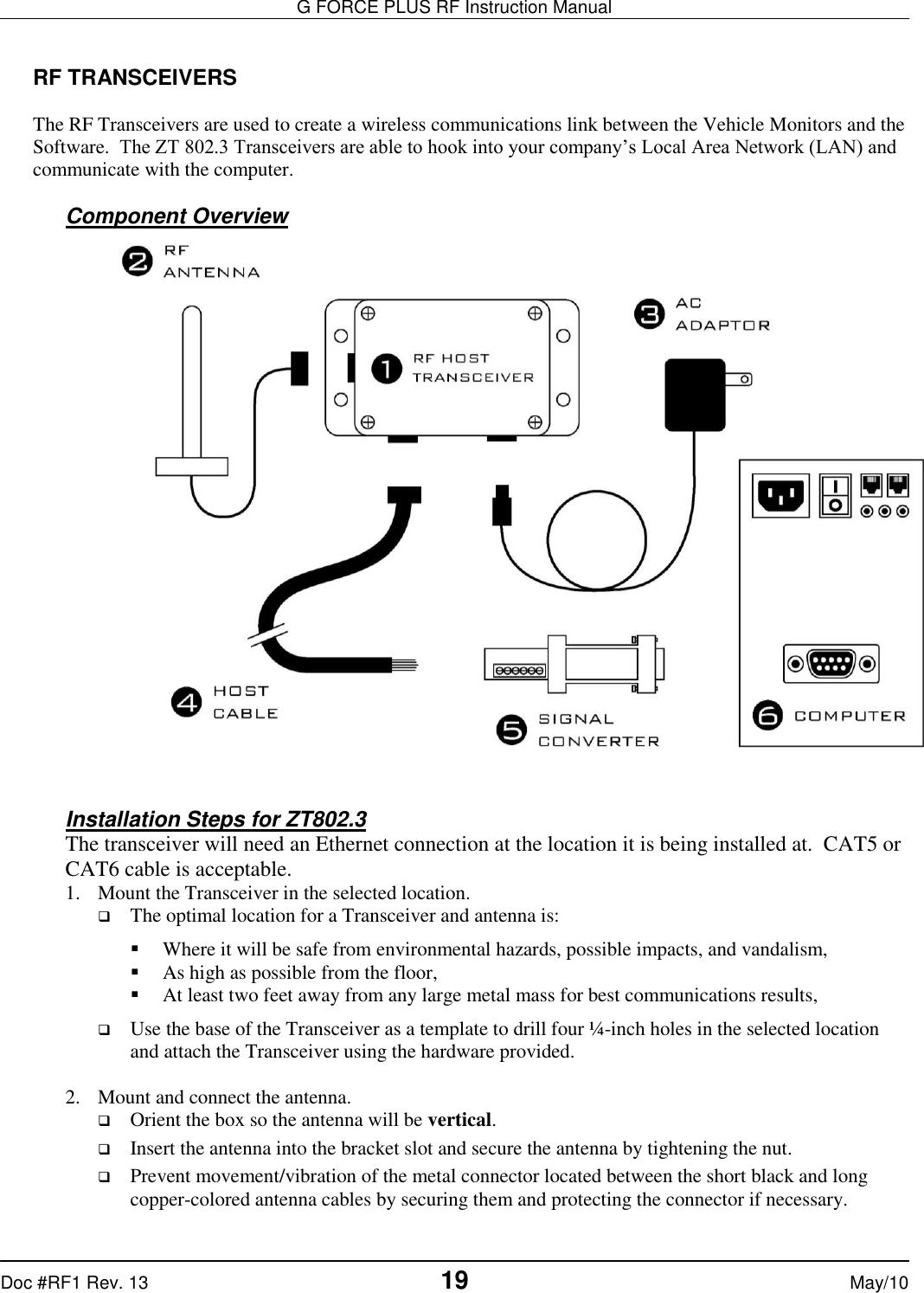 G FORCE PLUS RF Instruction Manual   Doc #RF1 Rev. 13  19 May/10  RF TRANSCEIVERS  The RF Transceivers are used to create a wireless communications link between the Vehicle Monitors and the Software.  The ZT 802.3 Transceivers are able to hook into your company’s Local Area Network (LAN) and communicate with the computer.  Component Overview     Installation Steps for ZT802.3 The transceiver will need an Ethernet connection at the location it is being installed at.  CAT5 or CAT6 cable is acceptable. 1. Mount the Transceiver in the selected location.  The optimal location for a Transceiver and antenna is:  Where it will be safe from environmental hazards, possible impacts, and vandalism,  As high as possible from the floor,   At least two feet away from any large metal mass for best communications results,  Use the base of the Transceiver as a template to drill four ¼-inch holes in the selected location and attach the Transceiver using the hardware provided.  2. Mount and connect the antenna.  Orient the box so the antenna will be vertical.  Insert the antenna into the bracket slot and secure the antenna by tightening the nut.  Prevent movement/vibration of the metal connector located between the short black and long copper-colored antenna cables by securing them and protecting the connector if necessary.  