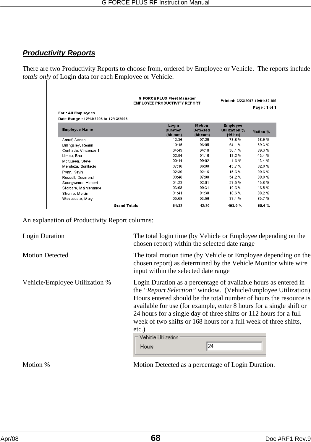 G FORCE PLUS RF Instruction Manual   Apr/08 68 Doc #RF1 Rev.9     Productivity Reports  There are two Productivity Reports to choose from, ordered by Employee or Vehicle.  The reports include totals only of Login data for each Employee or Vehicle.    An explanation of Productivity Report columns:  Login Duration  The total login time (by Vehicle or Employee depending on the chosen report) within the selected date range Motion Detected  The total motion time (by Vehicle or Employee depending on the chosen report) as determined by the Vehicle Monitor white wire input within the selected date range  Vehicle/Employee Utilization %  Login Duration as a percentage of available hours as entered in the “Report Selection” window.  (Vehicle/Employee Utilization) Hours entered should be the total number of hours the resource is available for use (for example, enter 8 hours for a single shift or 24 hours for a single day of three shifts or 112 hours for a full week of two shifts or 168 hours for a full week of three shifts, etc.)  Motion %  Motion Detected as a percentage of Login Duration.       