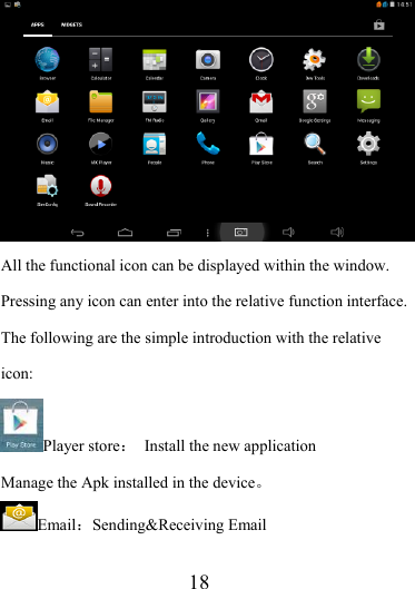                   18  All the functional icon can be displayed within the window. Pressing any icon can enter into the relative function interface. The following are the simple introduction with the relative icon: Player store：  Install the new application   Manage the Apk installed in the device。 Email：Sending&amp;Receiving Email 