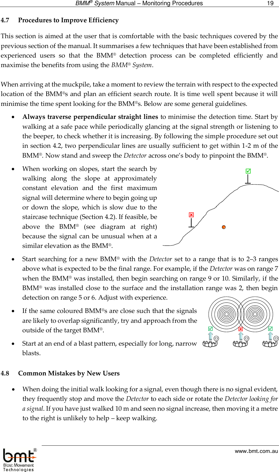  BMM® System Manual – Monitoring Procedures 19  www.bmt.com.au 4.7 Procedures to Improve Efficiency This section is aimed at the user that is comfortable with the basic techniques covered by the previous section of the manual. It summarises a few techniques that have been established from experienced  users  so  that  the  BMM®  detection  process  can  be  completed  efficiently  and maximise the benefits from using the BMM® System.   When arriving at the muckpile, take a moment to review the terrain with respect to the expected location of the BMM®s and plan an efficient search route. It is time well spent because it will minimise the time spent looking for the BMM®s. Below are some general guidelines.  Always traverse perpendicular straight lines to minimise the detection time. Start by walking at a safe pace while periodically glancing at the signal strength or listening to the beeper, to check whether it is increasing. By following the simple procedure set out in section 4.2, two perpendicular lines are usually sufficient to get within 1-2 m of the BMM®. Now stand and sweep the Detector across one’s body to pinpoint the BMM®.  When working on slopes, start the search by walking  along  the  slope  at  approximately constant  elevation  and  the  first  maximum signal will determine where to begin going up or  down  the slope, which is slow due to the staircase technique (Section 4.2). If feasible, be above  the  BMM®  (see  diagram  at  right) because the signal can be unusual when at a similar elevation as the BMM®.   Start searching for a new BMM® with the Detector set to a range that is to 2–3 ranges above what is expected to be the final range. For example, if the Detector was on range 7 when the BMM® was installed, then begin searching on range 9 or 10. Similarly, if the BMM® was installed close to the surface  and the installation range was 2, then begin detection on range 5 or 6. Adjust with experience.  If the same coloured BMM®s are close such that the signals are likely to overlap significantly, try and approach from the outside of the target BMM®.   Start at an end of a blast pattern, especially for long, narrow blasts.  4.8 Common Mistakes by New Users  When doing the initial walk looking for a signal, even though there is no signal evident, they frequently stop and move the Detector to each side or rotate the Detector looking for a signal. If you have just walked 10 m and seen no signal increase, then moving it a metre to the right is unlikely to help – keep walking. 