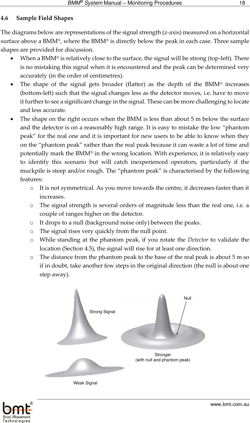  BMM® System Manual – Monitoring Procedures 18  www.bmt.com.au 4.6 Sample Field Shapes The diagrams below are representations of the signal strength (z-axis) measured on a horizontal surface above a BMM®, where the BMM® is directly below the peak in each case. Three sample shapes are provided for discussion.   When a BMM® is relatively close to the surface, the signal will be strong (top-left). There is no mistaking this signal when it is encountered and the peak can be determined very accurately (in the order of centimetres).   The  shape  of  the  signal  gets  broader  (flatter)  as  the  depth  of  the  BMM®  increases (bottom-left) such that the signal changes less as the detector moves, i.e. have to move it further to see a significant change in the signal. These can be more challenging to locate and less accurate.  The shape on the right occurs when the BMM is less than about 5 m below the surface and the detector is on a reasonably high range. It is easy to mistake the low “phantom peak” for the real one and it is important for new users to be able to know when they on the “phantom peak” rather than the real peak because it can waste a lot of time and potentially mark the BMM® in the wrong location. With experience, it is relatively easy to  identify  this  scenario  but  will  catch  inexperienced  operators,  particularly  if  the muckpile is steep and/or rough. The “phantom peak” is characterised by the following features: o It is not symmetrical. As you move towards the centre, it decreases faster than it increases. o The signal strength is several orders of magnitude less than the real one, i.e. a couple of ranges higher on the detector. o It drops to a null (background noise only) between the peaks. o The signal rises very quickly from the null point. o While standing at the phantom peak, if you rotate the  Detector to validate the location (Section 4.5), the signal will rise for at least one direction. o The distance from the phantom peak to the base of the real peak is about 5 m so if in doubt, take another few steps in the original direction (the null is about one step away).     Strong SignalWeak SignalStronger(with null and phantom peak)Null