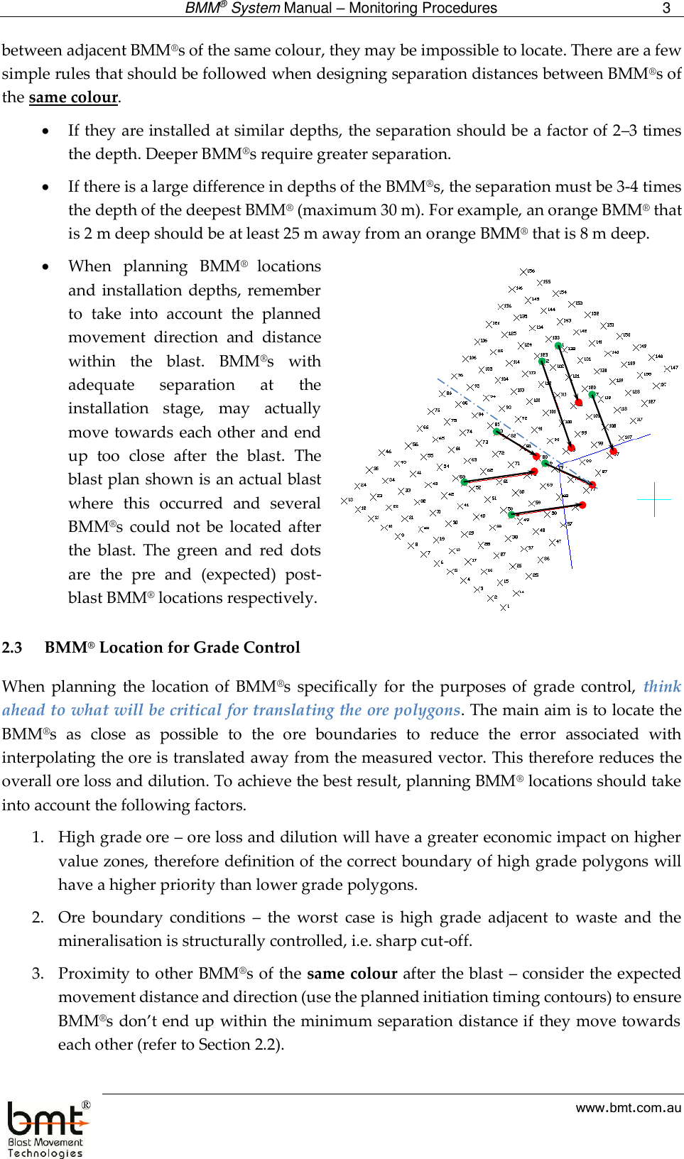  BMM® System Manual – Monitoring Procedures 3  www.bmt.com.au between adjacent BMM®s of the same colour, they may be impossible to locate. There are a few simple rules that should be followed when designing separation distances between BMM®s of the same colour.  If they are installed at similar depths, the separation should be a factor of 2–3 times the depth. Deeper BMM®s require greater separation.  If there is a large difference in depths of the BMM®s, the separation must be 3-4 times the depth of the deepest BMM® (maximum 30 m). For example, an orange BMM® that is 2 m deep should be at least 25 m away from an orange BMM® that is 8 m deep.  When  planning  BMM®  locations and installation depths, remember to  take  into  account  the  planned movement  direction  and  distance within  the  blast.  BMM®s  with adequate  separation  at  the installation  stage,  may  actually move towards each other and end up  too  close  after  the  blast.  The blast plan shown is an actual blast where  this  occurred  and  several BMM®s  could  not  be  located  after the  blast.  The  green  and  red  dots are  the  pre  and  (expected)  post-blast BMM® locations respectively.    2.3 BMM® Location for Grade Control When  planning  the location  of  BMM®s  specifically for  the  purposes of  grade control,  think ahead to what will be critical for translating the ore polygons. The main aim is to locate the BMM®s  as  close  as  possible  to  the  ore  boundaries  to  reduce  the  error  associated  with interpolating the ore is translated away from the measured vector. This therefore reduces the overall ore loss and dilution. To achieve the best result, planning BMM® locations should take into account the following factors.  1. High grade ore – ore loss and dilution will have a greater economic impact on higher value zones, therefore definition of the correct boundary of high grade polygons will have a higher priority than lower grade polygons. 2. Ore  boundary  conditions  –  the  worst  case  is  high  grade  adjacent  to  waste  and  the mineralisation is structurally controlled, i.e. sharp cut-off. 3. Proximity to other BMM®s of the same colour after the blast – consider the expected movement distance and direction (use the planned initiation timing contours) to ensure BMM®s don’t end up within the minimum separation distance if they move towards each other (refer to Section 2.2). 