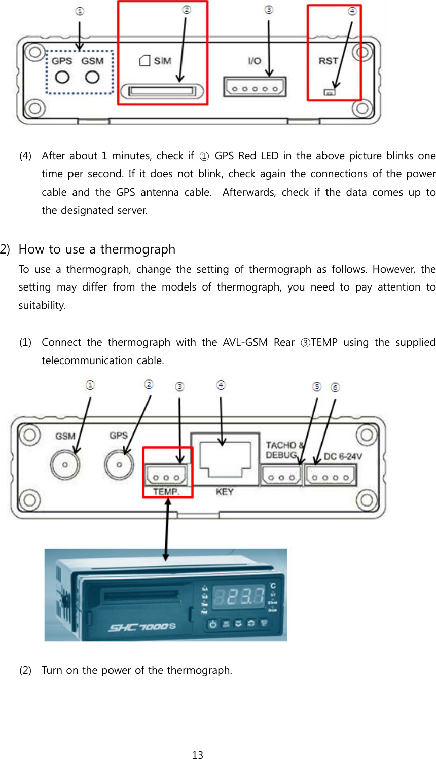 13   (4) After about 1 minutes, check if  ①  GPS Red LED in the above picture blinks one time per second. If it does not blink, check again the connections of the power cable  and  the  GPS  antenna  cable.  Afterwards, check if the data comes up to the designated server.    2) How to use a thermograph To use a thermograph, change the setting of thermograph as follows.  However,  the setting may differ from the models of thermograph, you need to pay  attention  to suitability.  (1) Connect  the  thermograph  with  the  AVL-GSM  Rear  ③TEMP  using  the  supplied telecommunication cable.   (2) Turn on the power of the thermograph.  