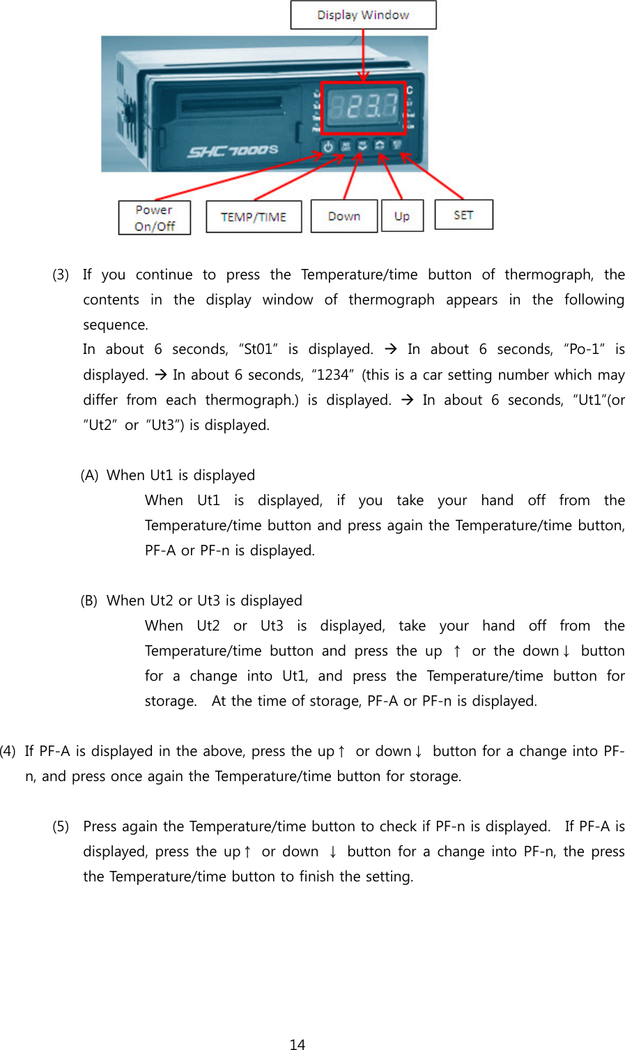 14   (3) If you continue to press the Temperature/time button of thermograph,  the contents  in  the  display  window  of  thermograph  appears  in  the  following sequence. In  about  6  seconds,  “St01”  is  displayed.    In  about  6  seconds,  “Po-1”  is displayed.  In about 6 seconds,  “1234”  (this is a car setting number which may differ  from  each  thermograph.)  is  displayed.    In  about  6  seconds,  “Ut1”(or “Ut2”  or  “Ut3”) is displayed.  (A) When Ut1 is displayed When Ut1 is displayed, if you take your hand off from the Temperature/time button and press again the Temperature/time button,   PF-A or PF-n is displayed.  (B) When Ut2 or Ut3 is displayed When Ut2 or Ut3 is displayed, take your hand off from the Temperature/time  button  and  press  the  up  ↑  or  the  down↓  button for  a  change  into  Ut1,  and  press  the  Temperature/time  button  for storage.    At the time of storage, PF-A or PF-n is displayed.   (4) If PF-A is displayed in the above, press the up↑  or down↓  button for a change into PF-n, and press once again the Temperature/time button for storage.    (5) Press again the Temperature/time button to check if PF-n is displayed.  If PF-A is displayed, press the up↑  or down  ↓  button for a change  into PF-n, the press the Temperature/time button to finish the setting.  