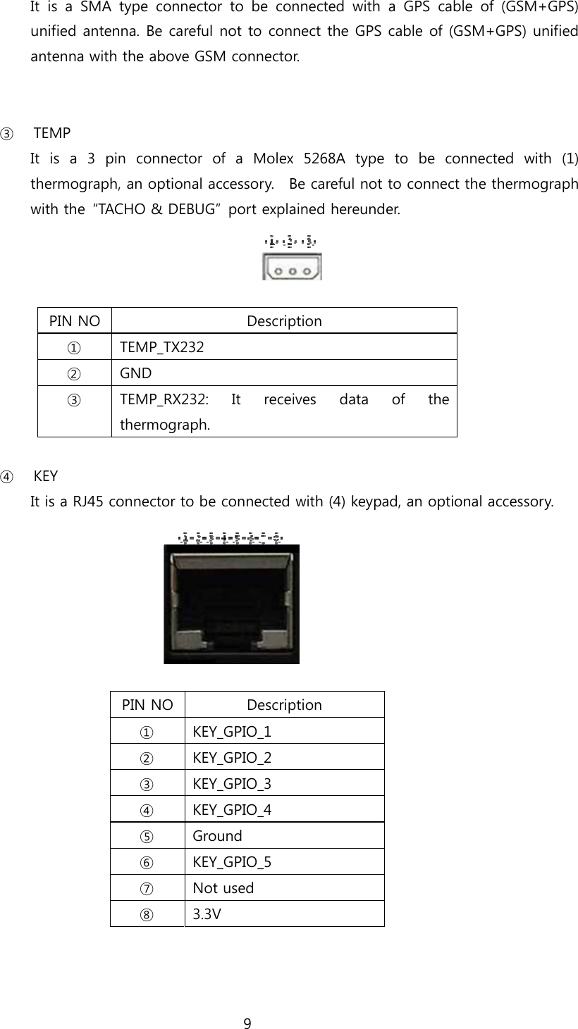 9  It is a SMA type connector to be connected with a GPS cable of (GSM+GPS) unified antenna. Be careful not to connect the GPS cable of (GSM+GPS) unified antenna with the above GSM connector.   ③ TEMP It  is  a  3  pin  connector  of  a  Molex  5268A  type  to  be  connected  with  (1) thermograph, an optional accessory.    Be careful not to connect the thermograph with the  “TACHO &amp; DEBUG”  port explained hereunder.   PIN NO  Description ①   TEMP_TX232 ②   GND ③   TEMP_RX232:  It  receives  data  of  the thermograph.  ④ KEY It is a RJ45 connector to be connected with (4) keypad, an optional accessory.        PIN NO Description ①   KEY_GPIO_1 ②   KEY_GPIO_2 ③   KEY_GPIO_3 ④   KEY_GPIO_4 ⑤   Ground ⑥   KEY_GPIO_5 ⑦  Not used ⑧  3.3V  