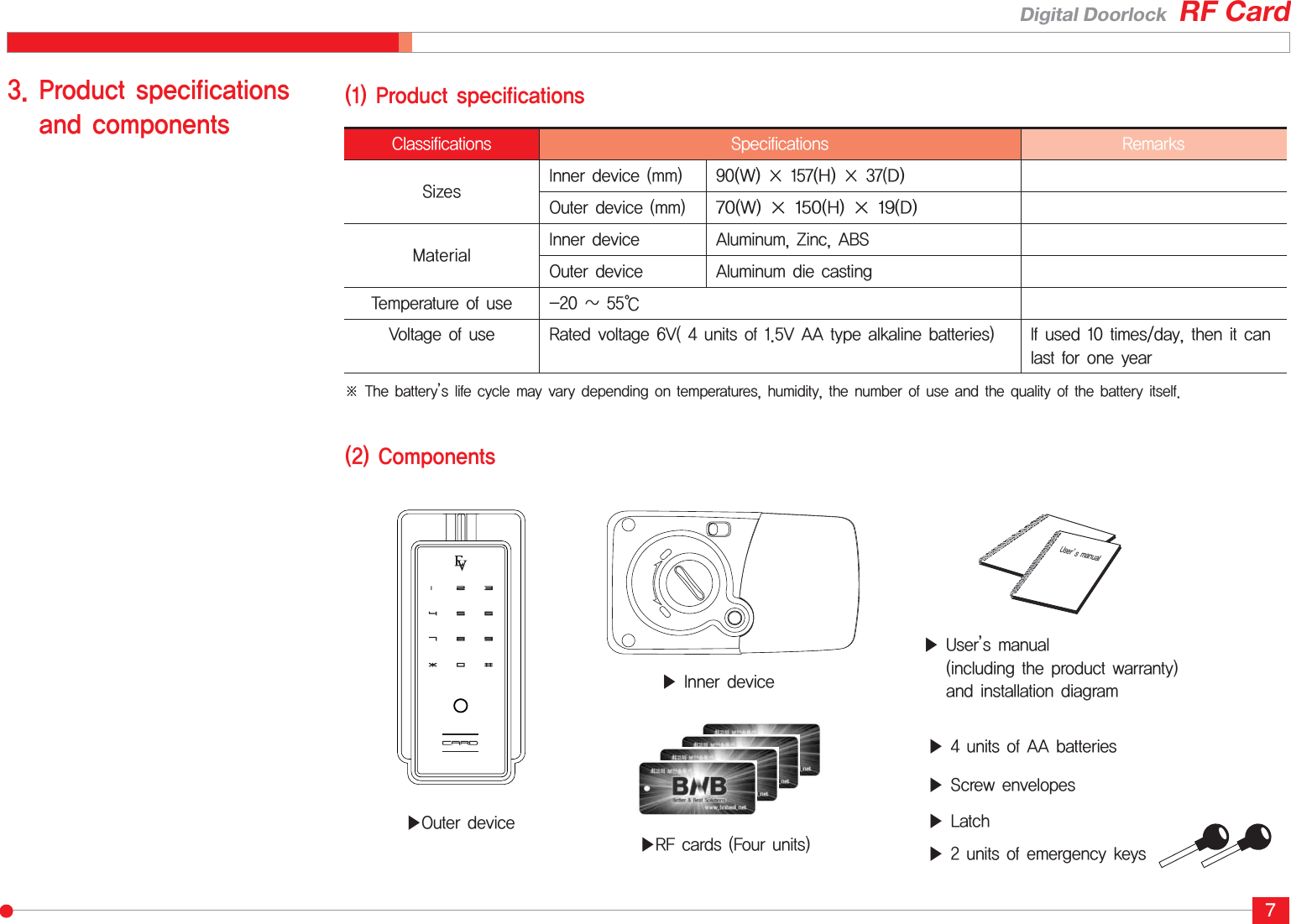 RF CardDigital Doorlock7ö5IFCBUUFSZÍTMJGFDZDMFNBZWBSZEFQFOEJOHPOUFNQFSBUVSFTIVNJEJUZUIFOVNCFSPGVTFBOEUIFRVBMJUZPGUIFCBUUFSZJUTFMG1SPEVDUTQFDJGJDBUJPOTBOEDPNQPOFOUT1SPEVDUTQFDJGJDBUJPOT$PNQPOFOUT$MBTTJGJDBUJPOT 4QFDJGJDBUJPOT 3FNBSLT4J[FT *OOFSEFWJDFNN 8Ý)Ý%0VUFSEFWJDFNN8Ý)Ý%.BUFSJBM *OOFSEFWJDF &quot;MVNJOVN;JOD&quot;#40VUFSEFWJDF &quot;MVNJOVNEJFDBTUJOH5FNQFSBUVSFPGVTF _ç7PMUBHFPGVTF 3BUFEWPMUBHF7VOJUTPG7&quot;&quot;UZQFBMLBMJOFCBUUFSJFT *GVTFEUJNFTEBZUIFOJUDBOMBTUGPSPOFZFBSĶ0VUFSEFWJDFĶ*OOFSEFWJDFĶVOJUTPG&quot;&quot;CBUUFSJFTĶ3&apos;DBSET&apos;PVSVOJUTĶ6TFSÍTNBOVBMJODMVEJOHUIFQSPEVDUXBSSBOUZBOEJOTUBMMBUJPOEJBHSBNĶ4DSFXFOWFMPQFTĶ-BUDIĶVOJUTPGFNFSHFODZLFZT6TFSÍTNBOVBM