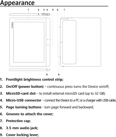 1.  Frontlight brightness control strip; 2.  On/Off (power button) &ndash; continuous press turns the Device on/off;3.  MicroSD-card slot &ndash; to install external microSD card (up to 32 GB);4.  Micro-USB connector &ndash; connect the Device to a PC or a charger with USB-cable;5.  Page turning buttons - turn page forward and backward; 6.  Grooves to attach the cover;  7.  Protective cap;  8.  3.5 mm audio jack;  9.  Cover locking lever;Appearance