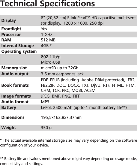 Wi-Fi&trade; (802.11 b/g)Wi-Fi&trade; (802.11 b/gTechnical SpeciﬁcationsDisplay 8&rdquo; (20,32 cm) E Ink Pearl&trade; HD capacitive multi-sen-sor display,  1200 &times; 1600, 250 dpiFrontlight YesProcessor   1 GHzRAM 512 MBInternal Storage 4GB *Operating system Micro-USBMemory slot microSD up to 32GbAudio output 3.5 mm earphones jackBook formatsPDF, EPUB (including  Adobe DRM-protected),  FB2, FB2.ZIP, DOC, DOCX, TXT, DjVU, RTF, HTML, HTM, CHM, TCR, PRC, MOBI, ACSMImage formats JPEG, BMP, PNG, TIFFAudio format MP3 Battery Li-Pol, 2500 mAh (up to 1 month battery life**)Dimensions 195,5x162,8x7,37mmWeight 350 g* The actual available internal storage size may vary depending on the software conﬁguration of your device.** Battery life and values mentioned above might vary depending on usage mode, connectivity and settings.802.11b/g