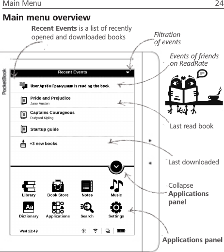 Main Menu  24 Main menu overviewRecent Events is a list of recently  opened and downloaded booksCollapse  Applications panelLast read bookLast downloaded Applications panelEvents of friends on ReadRateFiltration of events