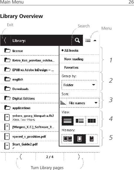 Main Menu  26 Library OverviewExit MenuSearchTurn Library pages12345