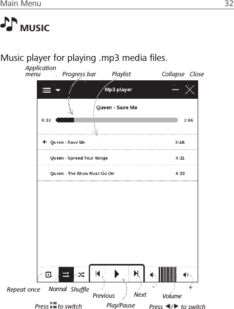 Main Menu  32  MUSICMusic player for playing .mp3 media ﬁles.Repeat once ShufﬂeNormal Previous Next VolumePress   to switch Play/Pause+-Press  /  to switchCloseCollapseApplication menu Progress bar Playlist