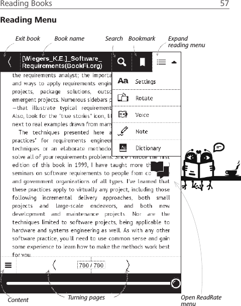 Reading Books  57 Exit book Book name Search Bookmark Expand reading menuContent Turning pages Open ReadRate menuReading Menu