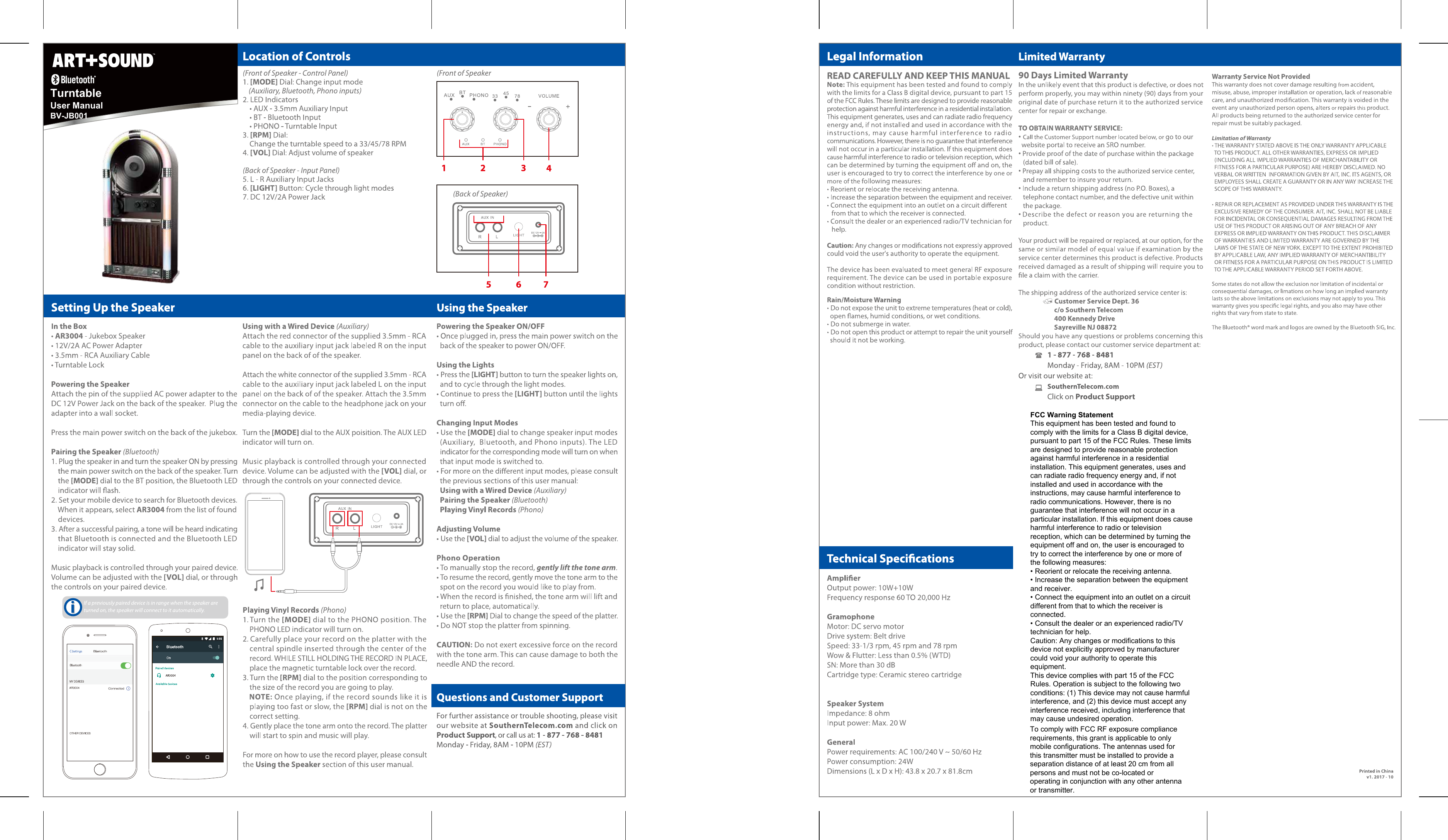 TurntableUser ManualBV-JB001FCC Warning StatementThis equipment has been tested and found to comply with the limits for a Class B digital device, pursuant to part 15 of the FCC Rules. These limits are designed to provide reasonable protection against harmful interference in a residential installation. This equipment generates, uses and can radiate radio frequency energy and, if not installed and used in accordance with the instructions, may cause harmful interference to radio communications. However, there is no guarantee that interference will not occur in a particular installation. If this equipment does cause harmful interference to radio or television reception, which can be determined by turning the equipment off and on, the user is encouraged to try to correct the interference by one or more of the following measures:&bull; Reorient or relocate the receiving antenna.&bull; Increase the separation between the equipmentand receiver.&bull; Connect the equipment into an outlet on a circuitdifferent from that to which the receiver isconnected.&bull; Consult the dealer or an experienced radio/TVtechnician for help.Caution: Any changes or modiﬁcations to thisdevice not explicitly approved by manufacturercould void your authority to operate thisequipment.This device complies with part 15 of the FCCRules. Operation is subject to the following twoconditions: (1) This device may not cause harmfulinterference, and (2) this device must accept anyinterference received, including interference thatmay cause undesired operation.To comply with FCC RF exposure compliance requirements, this grant is applicable to only mobile configurations. The antennas used for this transmitter must be installed to provide a separation distance of at least 20 cm from all persons and must not be co-located or operating in conjunction with any other antenna or transmitter.