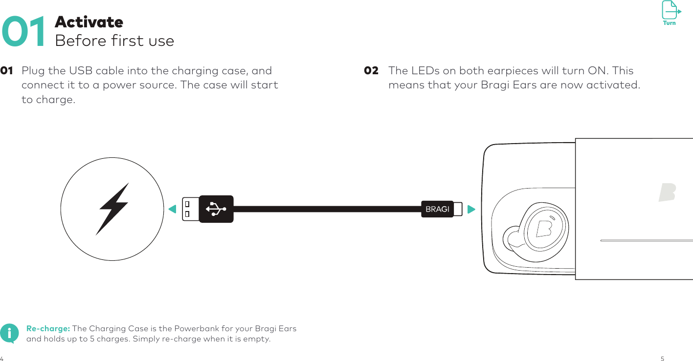 4501  01 Plug the USB cable into the charging case, and connect it to a power source. The case will start to charge.Activate Before first use           02 The LEDs on both earpieces will turn ON. This means that your Bragi Ears are now activated.Re-charge: The Charging Case is the Powerbank for your Bragi Ears and holds up to 5 charges. Simply re-charge when it is empty.Turn