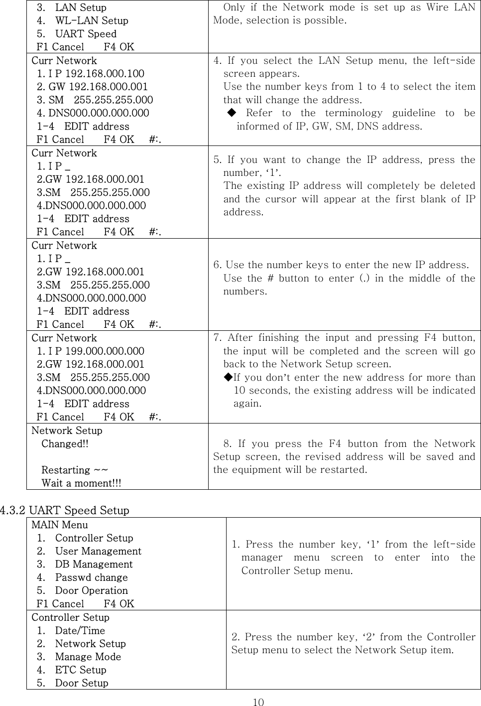  10 3.  LAN Setup  4.  WL-LAN Setup  5.  UART Speed  F1 Cancel    F4 OK Only  if  the  Network  mode  is  set  up  as  Wire  LAN Mode, selection is possible.  Curr Network   1. I P 192.168.000.100     2. GW 192.168.000.001   3. SM    255.255.255.000     4. DNS000.000.000.000   1-4    EDIT address  F1 Cancel    F4 OK   #:. 4. If you select the LAN Setup menu, the left-side screen appears.   Use the number keys from 1 to 4 to select the item that will change the address. ◆ Refer to the terminology guideline to be informed of IP, GW, SM, DNS address.  Curr Network  1. I P _    2.GW 192.168.000.001   3.SM    255.255.255.000     4.DNS000.000.000.000   1-4    EDIT address  F1 Cancel    F4 OK   #:. 5. If you want to change the IP address, press the number, ‘1’. The  existing IP address will completely be deleted and  the  cursor  will  appear  at  the  first  blank  of  IP address.  Curr Network  1. I P _    2.GW 192.168.000.001   3.SM    255.255.255.000     4.DNS000.000.000.000   1-4    EDIT address  F1 Cancel    F4 OK   #:. 6. Use the number keys to enter the new IP address. Use  the  #  button  to  enter  (.)  in  the  middle  of  the numbers.  Curr Network   1. I P 199.000.000.000     2.GW 192.168.000.001   3.SM    255.255.255.000     4.DNS000.000.000.000   1-4    EDIT address  F1 Cancel    F4 OK   #:. 7. After finishing the input and pressing F4 button, the input  will  be  completed  and the screen  will go back to the Network Setup screen. ◆If you don’t enter the new address for more than 10 seconds, the existing address will be indicated again.  Network Setup   Changed!!    Restarting ~~     Wait a moment!!! 8.  If  you  press  the  F4  button  from  the  Network Setup screen,  the revised address  will  be saved  and the equipment will be restarted.  4.3.2 UART Speed Setup MAIN Menu   1.    Controller Setup   2.    User Management   3.    DB Management  4.  Passwd change  5.  Door Operation  F1 Cancel    F4 OK 1. Press the number key, ‘1’  from  the  left-side manager  menu  screen  to  enter  into  the Controller Setup menu.  Controller Setup  1.  Date/Time   2.    Network Setup   3.    Manage Mode  4.  ETC Setup  5.  Door Setup 2. Press the number key,  ‘2’  from  the  Controller Setup menu to select the Network Setup item.  