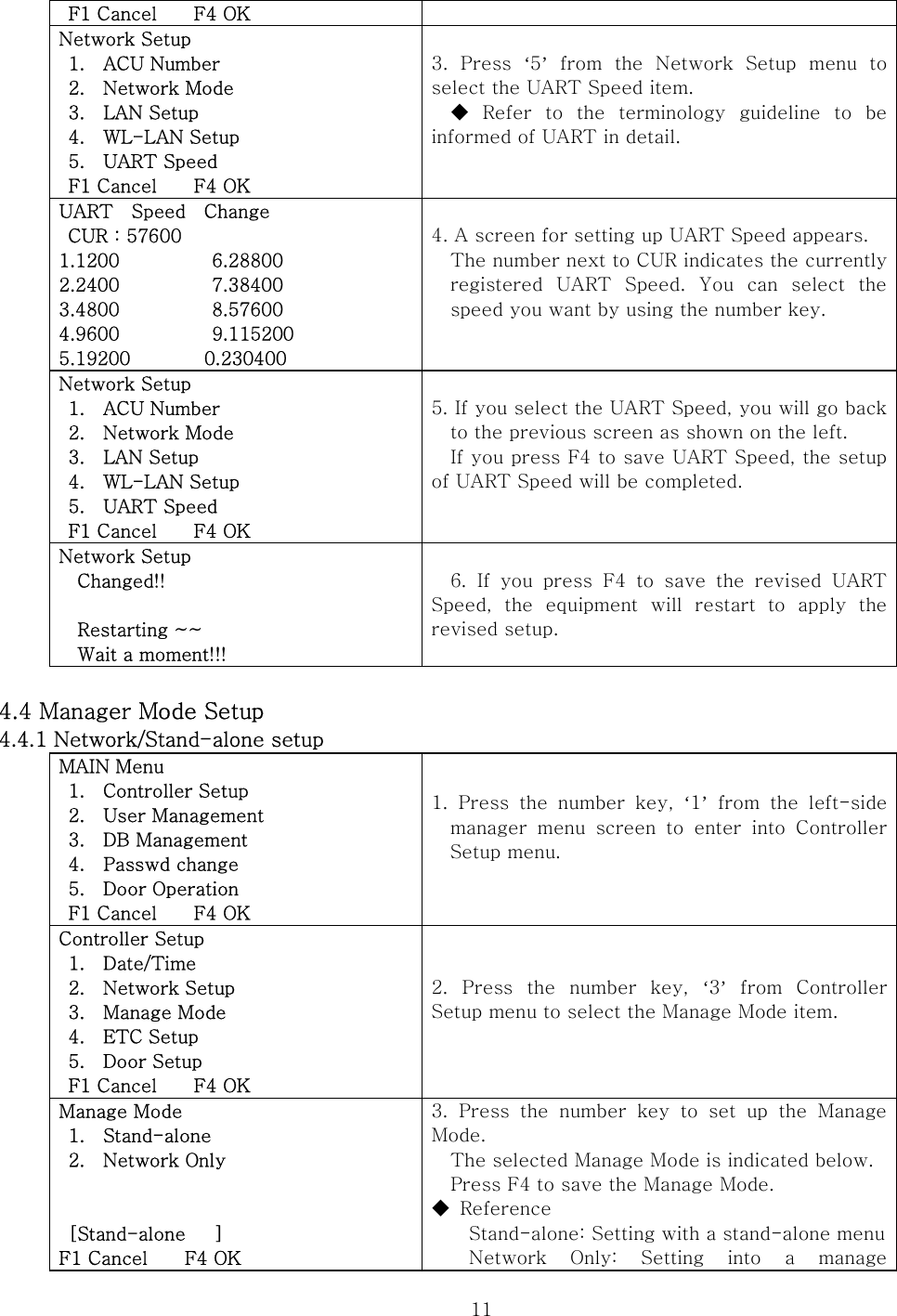  11 F1 Cancel    F4 OK Network Setup  1.  ACU Number   2.    Network Mode  3.  LAN Setup  4.  WL-LAN Setup  5.  UART Speed  F1 Cancel    F4 OK 3.  Press  ‘5’  from  the  Network  Setup  menu  to select the UART Speed item. ◆ Refer to the terminology guideline to be informed of UART in detail.  UART    Speed    Change   CUR : 57600 1.1200          6.28800 2.2400          7.38400 3.4800          8.57600 4.9600          9.115200 5.19200        0.230400 4. A screen for setting up UART Speed appears. The number next to CUR indicates the currently registered  UART  Speed.  You  can  select  the speed you want by using the number key.  Network Setup  1.  ACU Number   2.    Network Mode  3.  LAN Setup  4.  WL-LAN Setup  5.  UART Speed  F1 Cancel    F4 OK 5. If you select the UART Speed, you will go back to the previous screen as shown on the left. If you press F4 to save UART Speed, the setup of UART Speed will be completed.  Network Setup   Changed!!    Restarting ~~     Wait a moment!!! 6. If you press F4 to save the revised UART Speed,  the  equipment  will  restart  to  apply  the revised setup.  4.4 Manager Mode Setup 4.4.1 Network/Stand-alone setup   MAIN Menu   1.    Controller Setup   2.    User Management   3.    DB Management  4.  Passwd change  5.  Door Operation  F1 Cancel    F4 OK 1. Press the number key, ‘1’  from  the  left-side manager  menu  screen  to  enter  into  Controller Setup menu.  Controller Setup  1.  Date/Time   2.    Network Setup   3.    Manage Mode  4.  ETC Setup  5.  Door Setup  F1 Cancel    F4 OK 2.  Press  the  number  key,  ‘3’  from  Controller Setup menu to select the Manage Mode item.  Manage Mode  1.  Stand-alone  2.  Network Only    [Stand-alone   ]  F1 Cancel    F4 OK 3. Press the number key to set up the Manage Mode. The selected Manage Mode is indicated below. Press F4 to save the Manage Mode. ◆  Reference   Stand-alone: Setting with a stand-alone menuNetwork  Only:  Setting  into  a  manage 