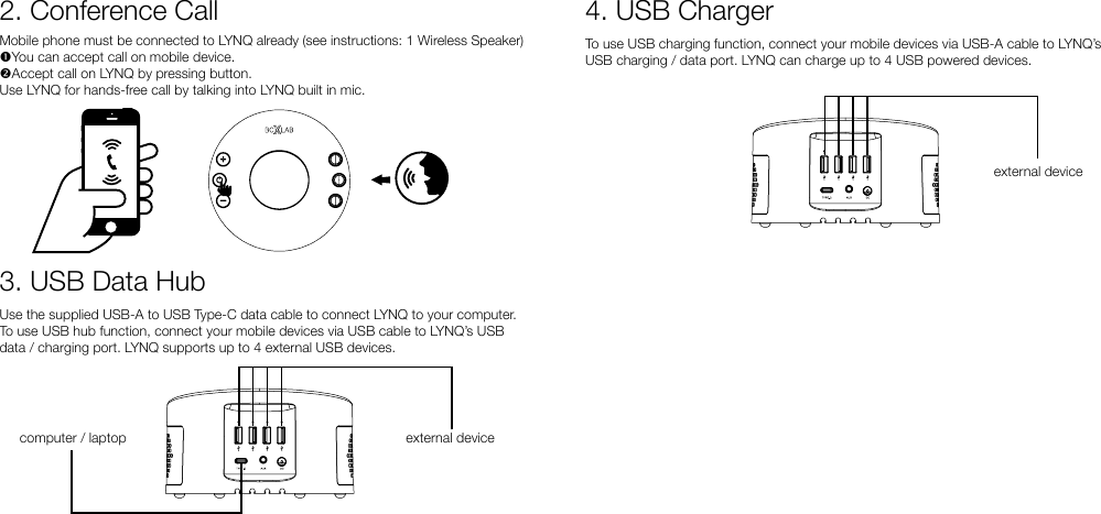 3. USB Data HubUse the supplied USB-A to USB Type-C data cable to connect LYNQ to your computer.To use USB hub function, connect your mobile devices via USB cable to LYNQ’s USB data / charging port. LYNQ supports up to 4 external USB devices.computer / laptop external deviceMobile phone must be connected to LYNQ already (see instructions: 1 Wireless Speaker)You can accept call on mobile device.Accept call on LYNQ by pressing button.Use LYNQ for hands-free call by talking into LYNQ built in mic.2. Conference Call 4. USB Chargerexternal deviceTo use USB charging function, connect your mobile devices via USB-A cable to LYNQ’s USB charging / data port. LYNQ can charge up to 4 USB powered devices.