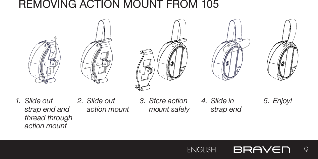 9REMOVING ACTION MOUNT FROM 1051.  Slide out strap end and thread through action mount2.  Slide out action mount3.  Store action mount safely4.  Slide in  strap end5.  Enjoy!