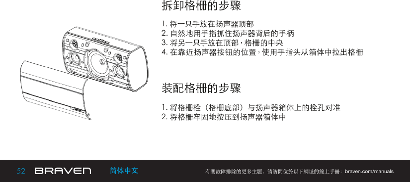 52 有關故障排除的更多主題，請訪問位於以下網址的線上手冊：braven.com/manuals简体中文拆卸格栅的步骤1. 将一只手放在扬声器顶部2. 自然地用手指抓住扬声器背后的手柄3. 将另一只手放在顶部，格栅的中央4. 在靠近扬声器按钮的位置，使用手指头从箱体中拉出格栅装配格栅的步骤1. 将格栅栓（格栅底部）与扬声器箱体上的栓孔对准2. 将格栅牢固地按压到扬声器箱体中