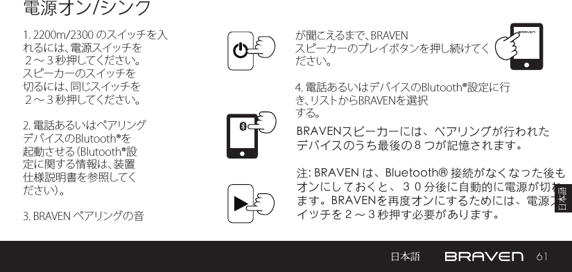 61電源オン/シンク1. 2200m/2300 のスイッチを入れるには、電源スイッチを２～３秒押してください。スピーカーのスイッチを切るには、同じスイッチを２～３秒押してください。2. 電話あるいはペアリングデバイスのBlutooth®を起動させる（Blutooth®設定に関する情報は、装置仕様説明書を参照してくだ さ い ）。3. BRAVEN ペアリングの音が聞こえるまで、BRAVENスピーカーのプレイボタンを押し続けてください。4. 電話あるいはデバイスのBlutooth®設定に行き、リストからBRAVENを選択する。BRAVENスピーカーには、ペアリングが行われたデバイスのうち最後の８つが記憶されます。注: BRAVEN は、Bluetooth® 接続がなくなった後もオンにしておくと、３０分後に自動的に電源が切れます。BRAVENを再度オンにするためには、電源スイッチを２～３秒押す必要があります。