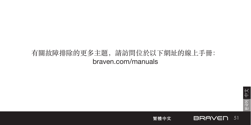 51有關故障排除的更多主題，請訪問位於以下網址的線上手冊：braven.com/manuals