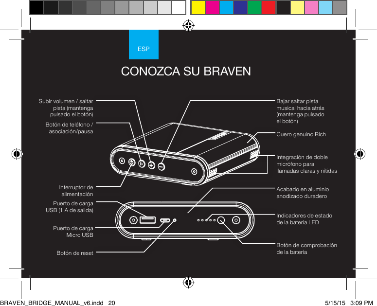 ESPSubir volumen / saltar pista (mantenga pulsado el botón)Botón de teléfono /asociación/pausaInterruptor de alimentaciónCONOZCA SU BRAVENBajar saltar pista musical hacia atrás (mantenga pulsado el botón)Indicadores de estado de la batería LEDBotón de comprobación de la bateríaAcabado en aluminio anodizado duraderoCuero genuino RichIntegración de doble micrófono para llamadas claras y nítidasBotón de reset Puerto de carga Micro USBPuerto de carga USB (1 A de salida)BRAVEN_BRIDGE_MANUAL_v6.indd   20 5/15/15   3:09 PM