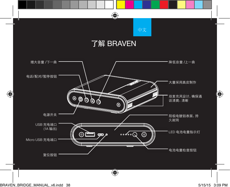 了解 BRAVEN电话/配对/暂停按钮LED 电池电量指示灯电池电量检查按钮阳 极 电 镀 铝 表 面 ，持久耐用大量采用真皮制作双 麦 克 风 设 计 ，确 保 通话 清 爽 、清 晰复位按钮Micro USB 充电端口USB 充电端口  (1A 输出) 降低音量 /上一曲增大音量 /下一曲电源开关BRAVEN_BRIDGE_MANUAL_v6.indd   38 5/15/15   3:09 PM