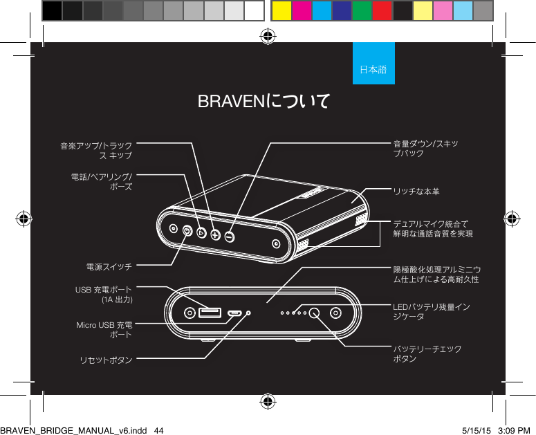 BRAVENについて電話/ペアリング/ポーズLEDバッテリ残量インジケータバッテリーチェックボタン陽極酸化処理アルミニウム仕上げによる高耐久性リッチな本革デュアルマイク統 合で鮮明な通話音質を実現リセットボタンMicro USB 充電ポートUSB 充電 ポート (1A 出力)音量ダウン/スキップバック音楽アップ/トラックス キップ電 源 スイッ チBRAVEN_BRIDGE_MANUAL_v6.indd   44 5/15/15   3:09 PM