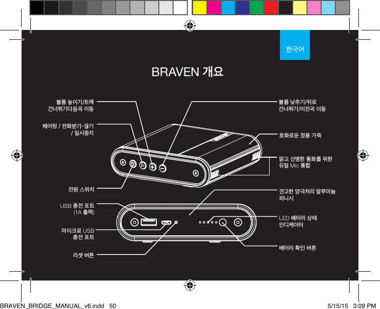 BRAVEN 개요페어링 / 전화받기-끊기 / 일시중지 LED 배터리 상태 인디케이터배터리 확인 버튼견고한 양극처리 알루미늄 피니시호화로운 정품 가죽맑고 선명한 통화를 위한 듀얼 Mic 통합리셋 버튼마이크로 USB  충전 포트USB 충전 포트 (1A 출력)볼륨 낮추기/뒤로 건너뛰기/이전곡 이동볼륨 높이기/트랙 건너뛰기다음곡 이동전원 스위치BRAVEN_BRIDGE_MANUAL_v6.indd   50 5/15/15   3:09 PM