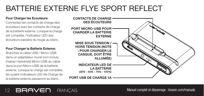 BATTERIE EXTERNE FLYE SPORT REFLECTPORT MICRO-USB POUR CHARGER LA BATTERIE EXTERNEMISE SOUS TENSION / HORS TENSION (NOTE : POUR CHARGER LE CASQUE, DOIT ÊTRE ALLUMÉE)PORT USB DE CHARGE 1AINDICATEUR LED DE LA BATTERIE (25% - 50% - 75% - 100%)CONTACTS DE CHARGE DES ÉCOUTEURSPour Charger les Ecouteurs:  Connectez les contacts de charge des écouteurs avec les contacts de charge de la batterie externe. Lorsque la charge est complète, l’indicateur LED des écouteurs passera du rouge au blanc.Pour Charger la Batterie Externe: Branchez le câble USB / Micro-USB dans un adaptateur mural (non inclus). Insérez l’extrémité Micro-USB du câble dans le port Micro-USB de la batterie externe. Lorsque la charge est complète, les quatre Indicateurs LED de Charge de la batterie externe passeront au blanc.12 Manuel complet et dépannage : braven.com/manualsFRANÇAIS