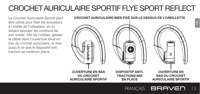 FRACROCHET AURICULAIRE SPORTIF FLYE SPORT REFLECTLe Crochet Auriculaire Sportif peut être utilisé pour xer les écouteurs à l’oreille de l’utilisateur, en lui faisant épouser les contours de son oreille. An de l’utiliser, glissez le câble dans l’ouverture situé en bas du crochet auriculaire, et tirez jusqu’à ce que le dispositif anti-traction se mette en place. OUVERTURE EN BAS  DU CROCHET AURICULAIRE SPORTIFDISPOSITIF ANTI-TRACTIONS MIS EN PLACECROCHET AURICULAIRE BIEN FIXÉ SUR LE DESSUS DE L’OREILLETTEOUVERTURE EN BAS DU CROCHET AURICULAIRE SPORTIF13FRANÇAIS