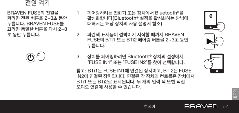 67전원 켜기BRAVEN FUSE의 전원을 켜려면 전원 버튼을 2~3초 동안 누릅니다. BRAVEN FUSE를 끄려면 동일한 버튼을 다시 2~3초 동안 누릅니다.1.  페어링하려는 전화기 또는 장치에서 Bluetooth®를 활성화합니다(Bluetooth® 설정을 활성화하는 방법에 대해서는 해당 장치의 사용 설명서 참조).2.  파란색 표시등이 깜박이기 시작할 때까지 BRAVEN FUSE의 BTi1 또는 BTi2 페어링 버튼을 2~3초 동안 누릅니다.3.  장치를 페어링하려면 Bluetooth® 장치의 설정에서 “FUSE IN1” 또는 “FUSE IN2”를 찾아 선택합니다.참고: BTi1는 FUSE IN1에 연결된 장치이고, BTi2는 FUSE IN2에 연결된 장치입니다. 연결된 각 장치의 컨트롤은 장치에서 BTi1 또는 BTi2로 표시됩니다. 두 개의 입력 잭 또한 직접 오디오 연결에 사용할 수 있습니다.