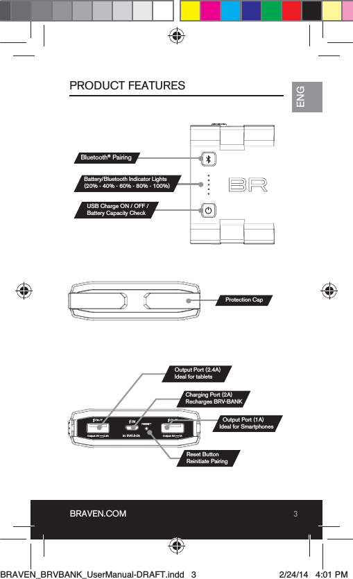 3BRAVEN.COMENGPRODUCT FEATURESIn: 5V/0.5-2AOutput: 5V      1AOutput: 5V      2.4ABluetooth® PairingBattery/Bluetooth Indicator Lights  (20% - 40% - 60% - 80% - 100%)USB Charge ON / OFF / Battery Capacity CheckProtection CapOutput Port (2.4A)Ideal for tabletsCharging Port (2A)Recharges BRV-BANK  Output Port (1A) Ideal for SmartphonesReset ButtonReinitiate PairingBRAVEN_BRVBANK_UserManual-DRAFT.indd   3 2/24/14   4:01 PM